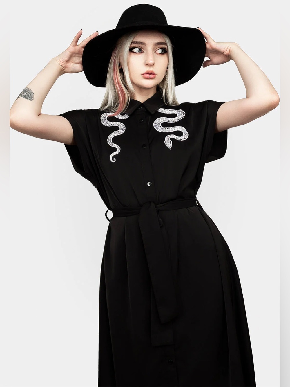 Disturbia Slither Relaxed Midi Shirt Dress with White Snake Embroidery Gothic - Picture 5 of 12